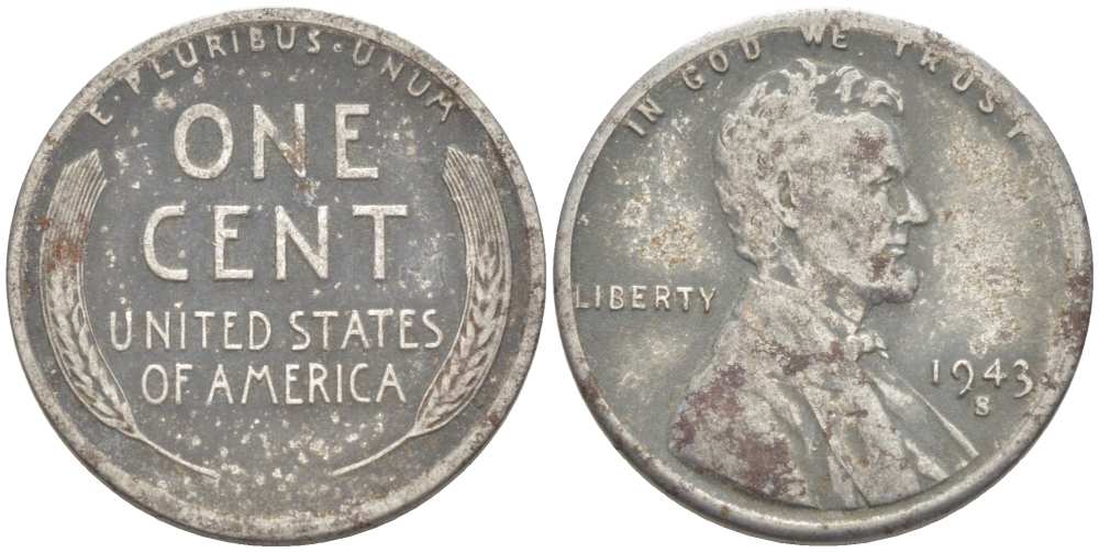 США 1 цент 1943 S (Сан-Франциско), Авраам Линкольн KM 132а сталь плакированная цинком 3309-463