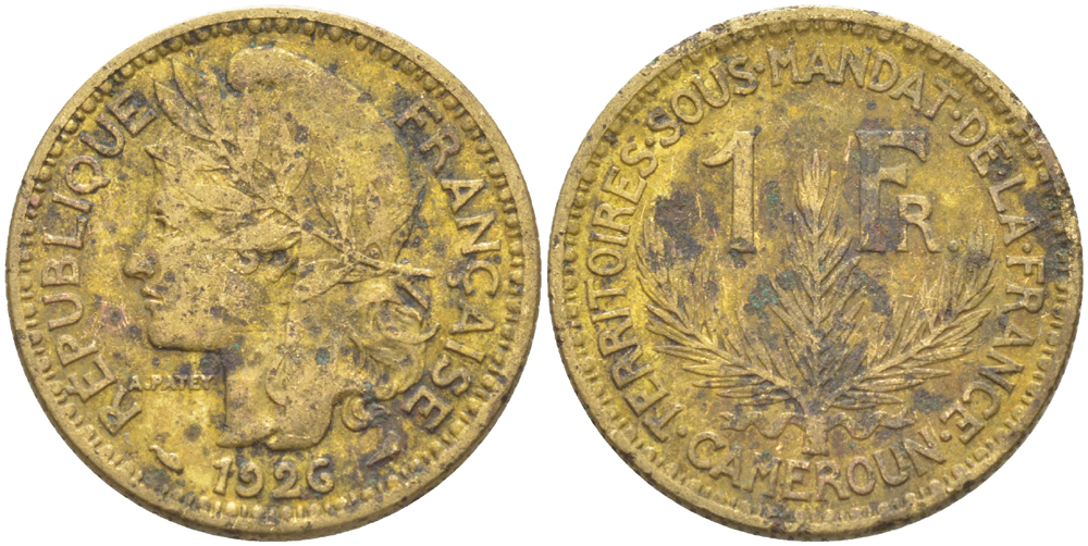 Французский Камерун 1 франк 1926 (а), монетный двор Париж KM 2 алюминиевая бронза 73-325