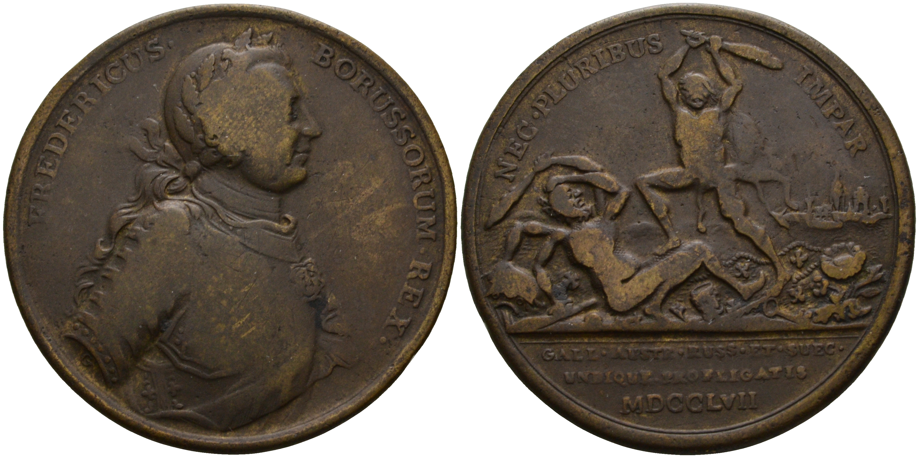 ПРУССИЯ МЕДАЛЬ 1757 НА СОБЫТИЯ ВОЙНЫ РОССИИ С ПРУССИЕЙ, ДИАМЕТР 42 ММ. ВЕС 21,9 ГР. бронза 00-00