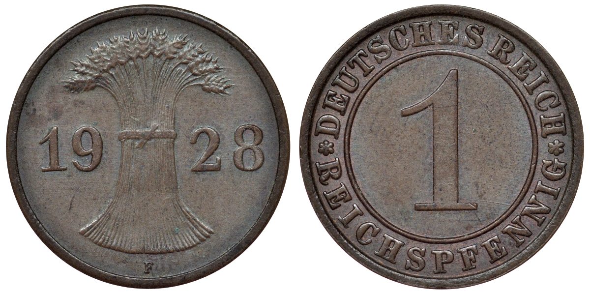 Германия 1 рейхспфенниг 1928 F KM 37, J. 313 бронза 4124-118