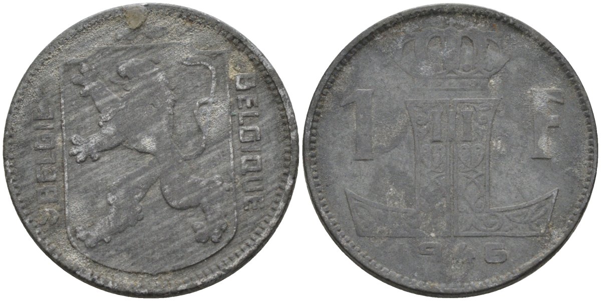 Бельгия 1 франк 1946 BELGIE-BELGIQUE KM 128 цинк 4116-1056