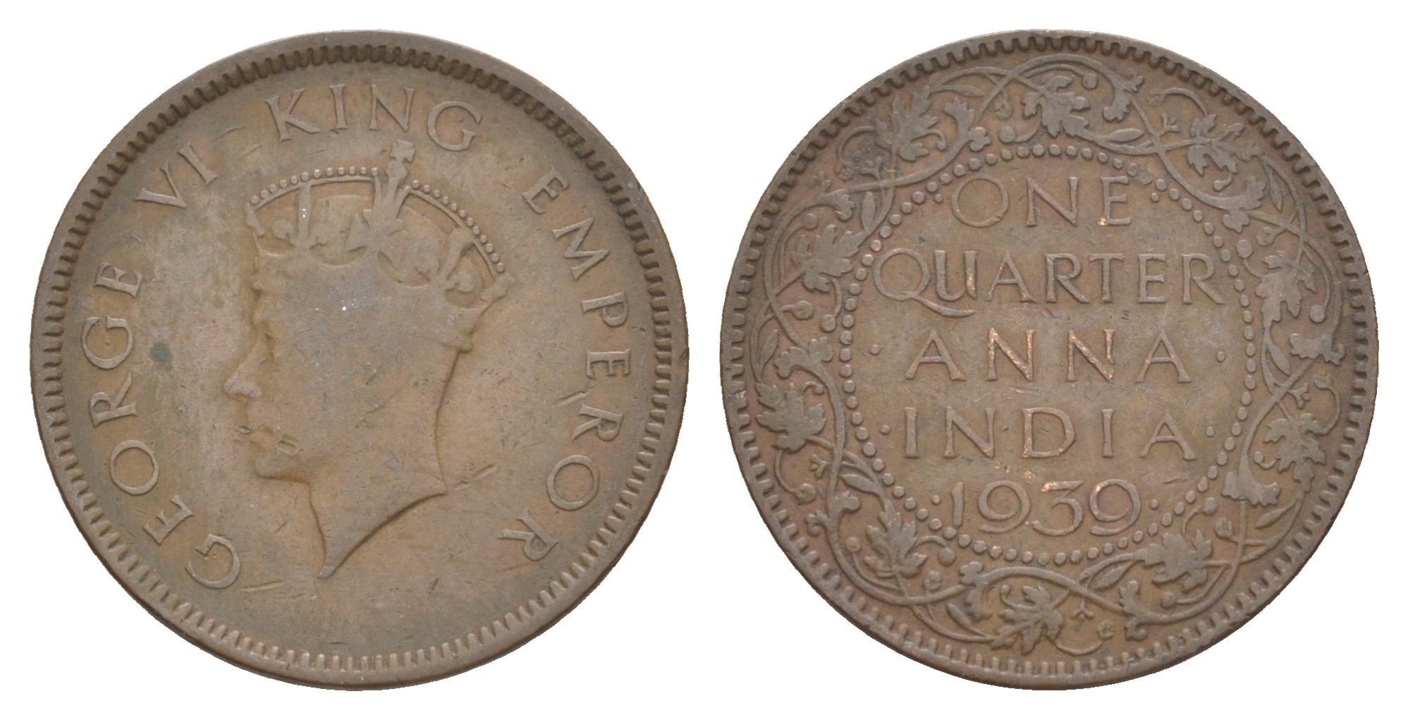 Британская Индия 1/4 анна 1939 Георг VI (1936-1952) KM 530 бронза 4650-945