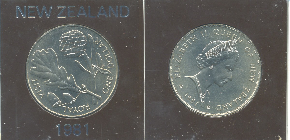 Новая Зеландия 1 доллар 1981 Королевский визит, английский дуб, Елизавета II (1952-2022), в оригинальной пластиковой упаковке KM 50 медно-никель UNC 3-4-9-23