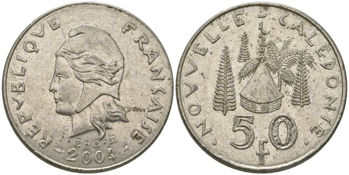 Французская Новая Каледония 50 франков 2004 хижина среди сосен и пальм, (IEOM) KM 13, Schoen 15, Lec 121 никель 111-933