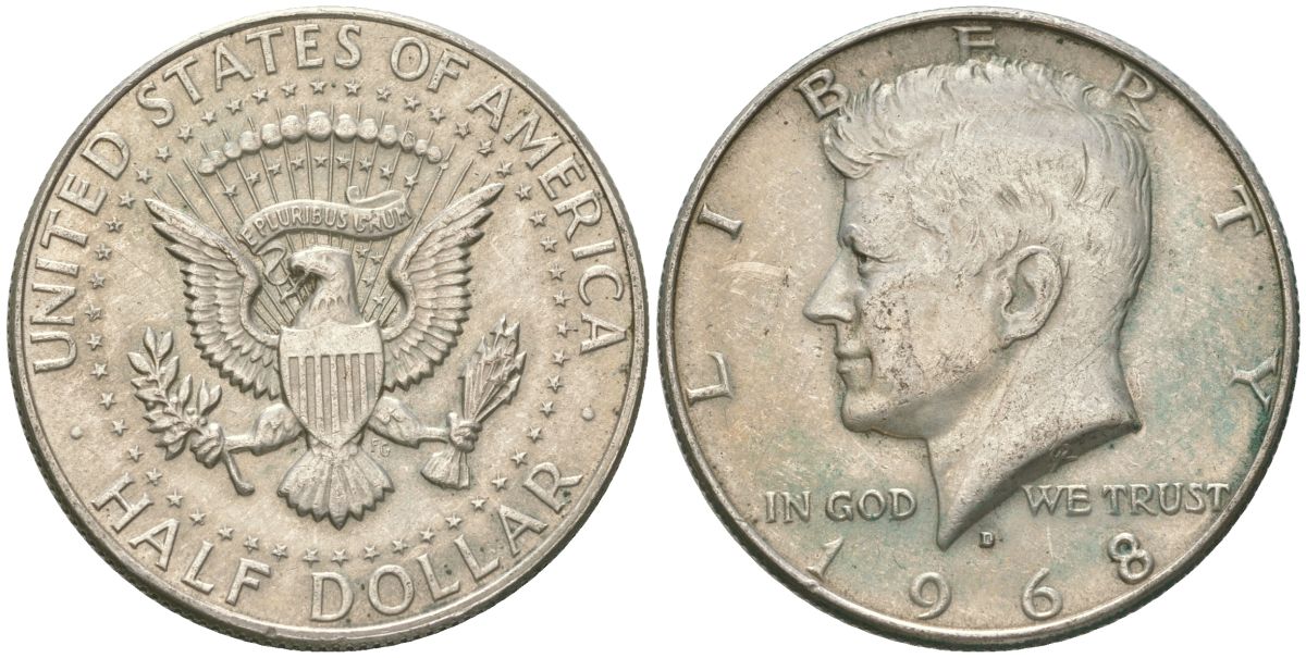 США 1/2 доллара (50 центов) 1968 D, Джон Кеннеди KM 202a серебро 221-1025