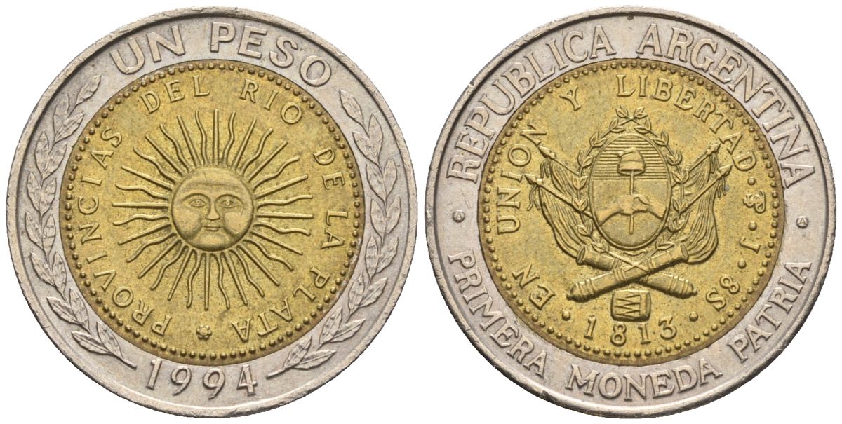 Аргентина 1 песо 1994 A, майское солнце, 8 эскудо 1813 KM 112.1, CJ 6.1, Schon 113 биметалл    60-455
