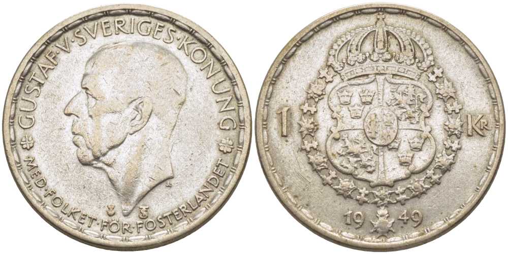 Швеция 1 крона 1949 TS, Густав VI Адольф (1950-1973) KM 814 серебро 119-1124