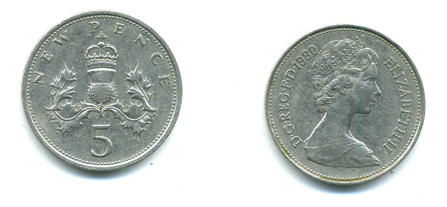 Великобритания 5 пенсов 1980 Елизавета II (1952-2022) KM 911, Spink 4233 (D1) медно-никель 540-521