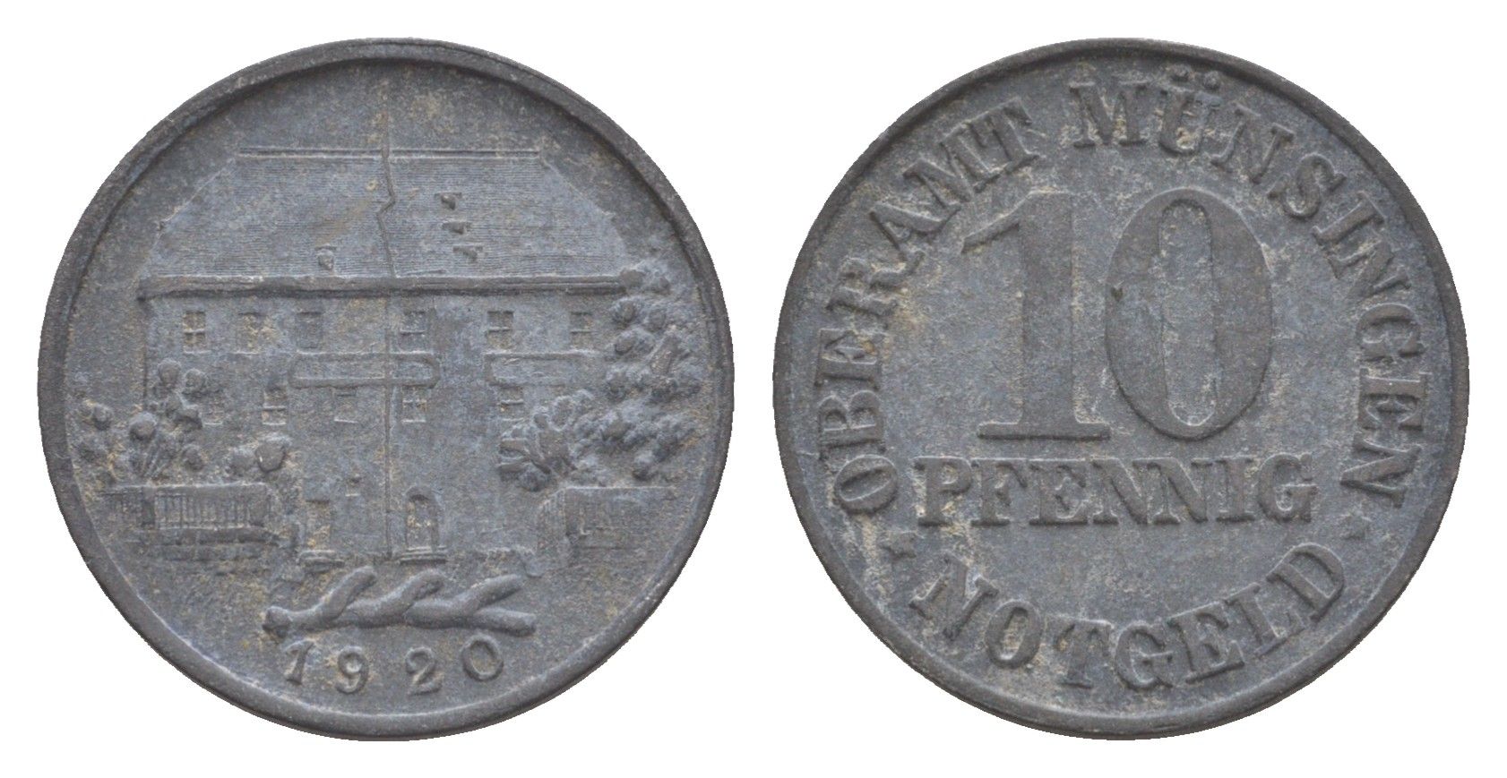 Мюнзинген 10 пфеннигов 1920 Funck 349.1, Men05 18073.1, Men18 22610.1 цинк 4636-942