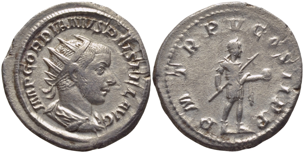 Римская Империя антониниан 241 - 243 Гордиан III, PM TR P V COS II PP, император в военном доспехе с копьем и сферой, Рим, Good Very fine RIC 93 серебро 1073-15-12