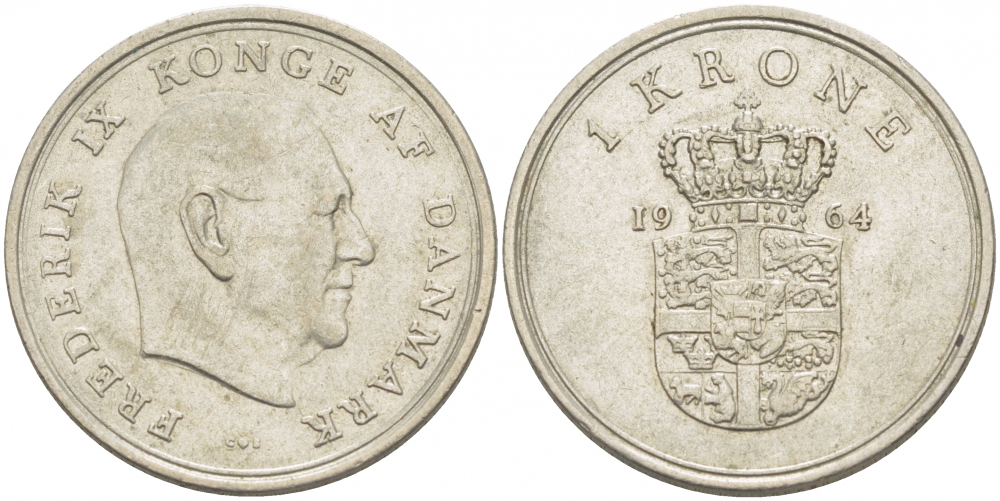 ДАНИЯ 1 КРОНА 1964 C; S, ФРЕДЕРИК IX (1947-1972) KM 851.1 медно-никель 86-841