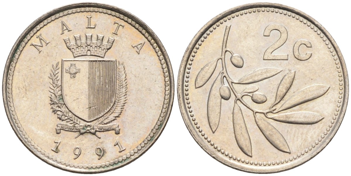 Мальта 2 цента 1991 оливковая ветвь KM 94 медно-никель 44-333