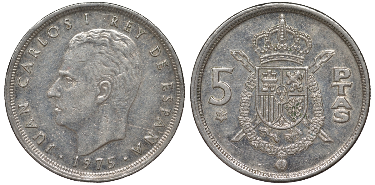 Испания 5 песет 1975 (79) Хуан Карлос I (1975-2014) KM 807 медно-никель 4543-156