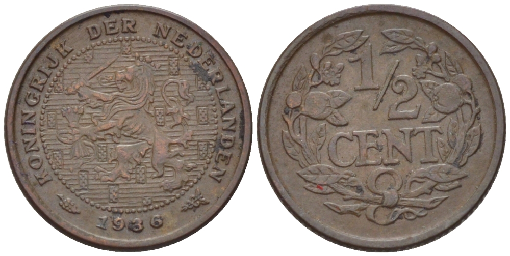 НИДЕРЛАНДЫ 1/2 ЦЕНТА 1936 ВИЛЬГЕЛЬМИНА (1890-1948) KM 138 бронза 39-229