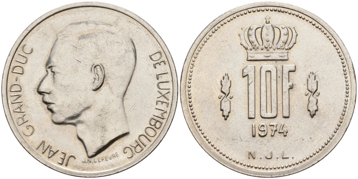 Люксембург 10 франков 1974 Великий герцог Жан (1964-1999) KM 57 никель 4150-933