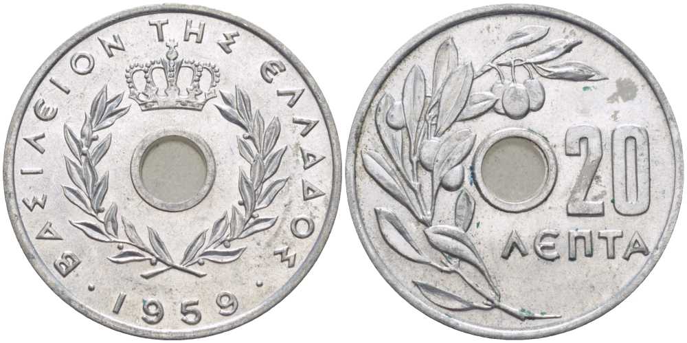 Греция 20 лепта 1959 Павел I (1947-1964), оливковая ветвь KM 79 алюминий UNC 28-524