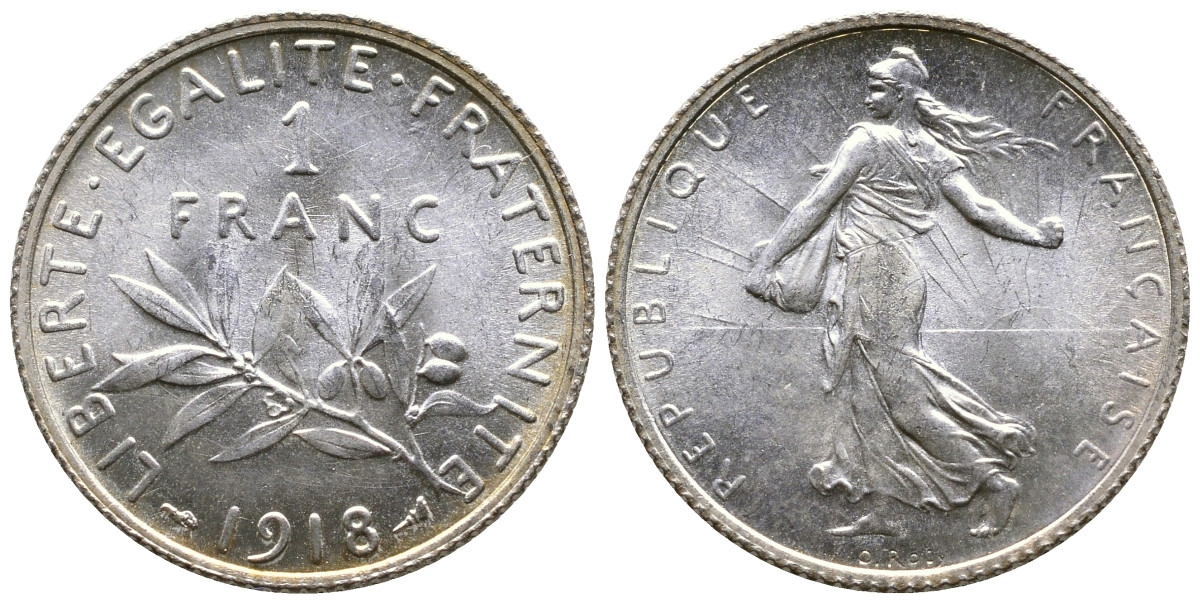 Франция 1 франк 1918 сеятель KM 844.1, Le Franc 217.24 серебро UNC 3259-736