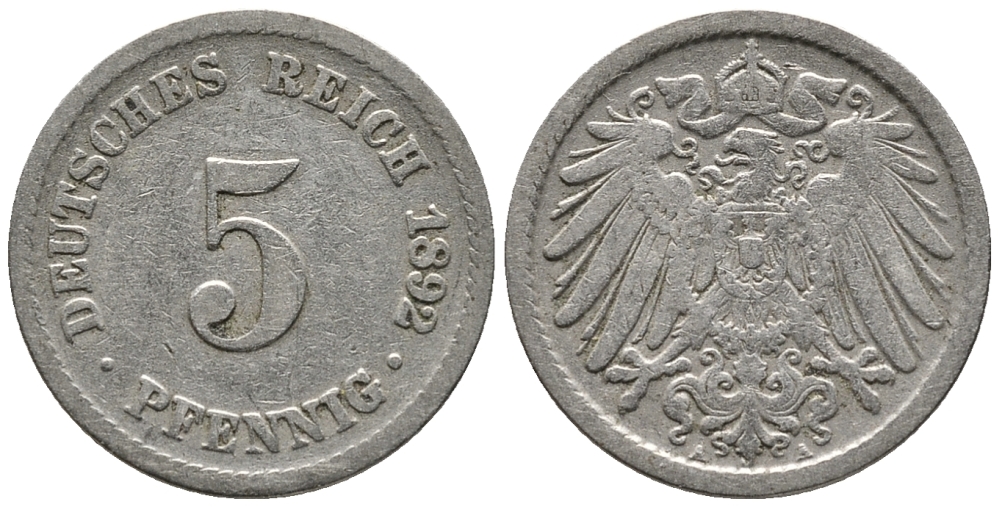 ГЕРМАНИЯ 5 ПФЕННИГОВ 1892 A KM 11, J. 12 медно-никель 39-644
