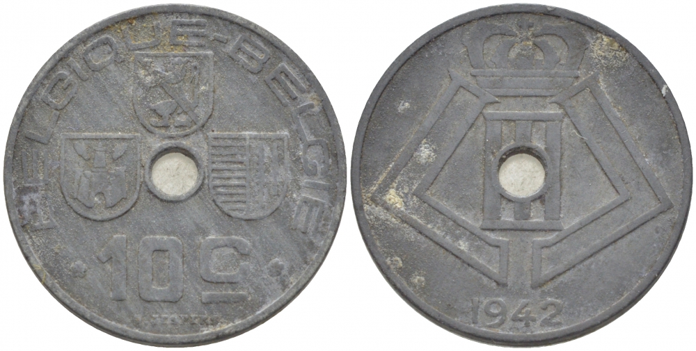 Бельгия 10 сантимов 1942 Belgique - Belgie, Леопольд III (1934-1947), германская оккупация, Вторая мировая война KM 125 цинк 87-1414
