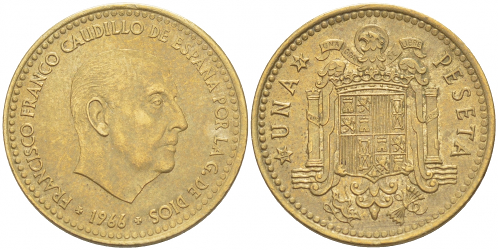 ИСПАНИЯ 1 ПЕСЕТА 1966 (71) ФРАНСИСКО ФРАНКО ДИКТАТОР ИСПАНИИ (1939-1975) КМ 796 алюминиевая бронза 87-1444