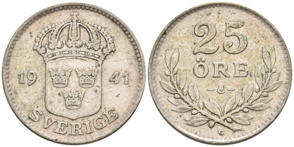 Швеция 25 эре 1941 G, Густав V (1907-1950) KM 785 серебро 220-325