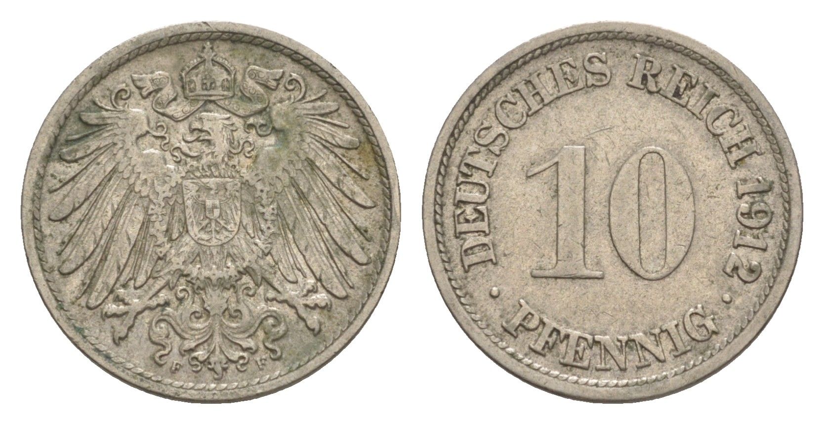 Германия 10 пфеннигов 1912 F, Вильгельм II (1888-1918) KM 12, J. 13 медно-никель 4644-1213