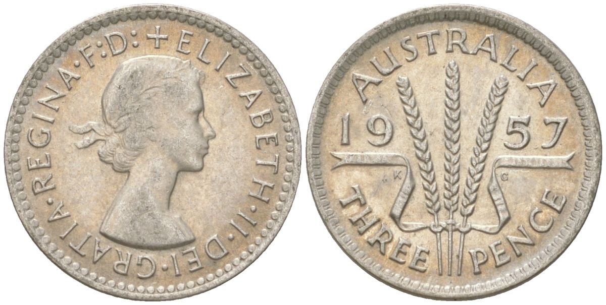 Австралия 3 пенса 1957 m, Елизавета II (1952-2022) KM 57 серебро 4621-1242