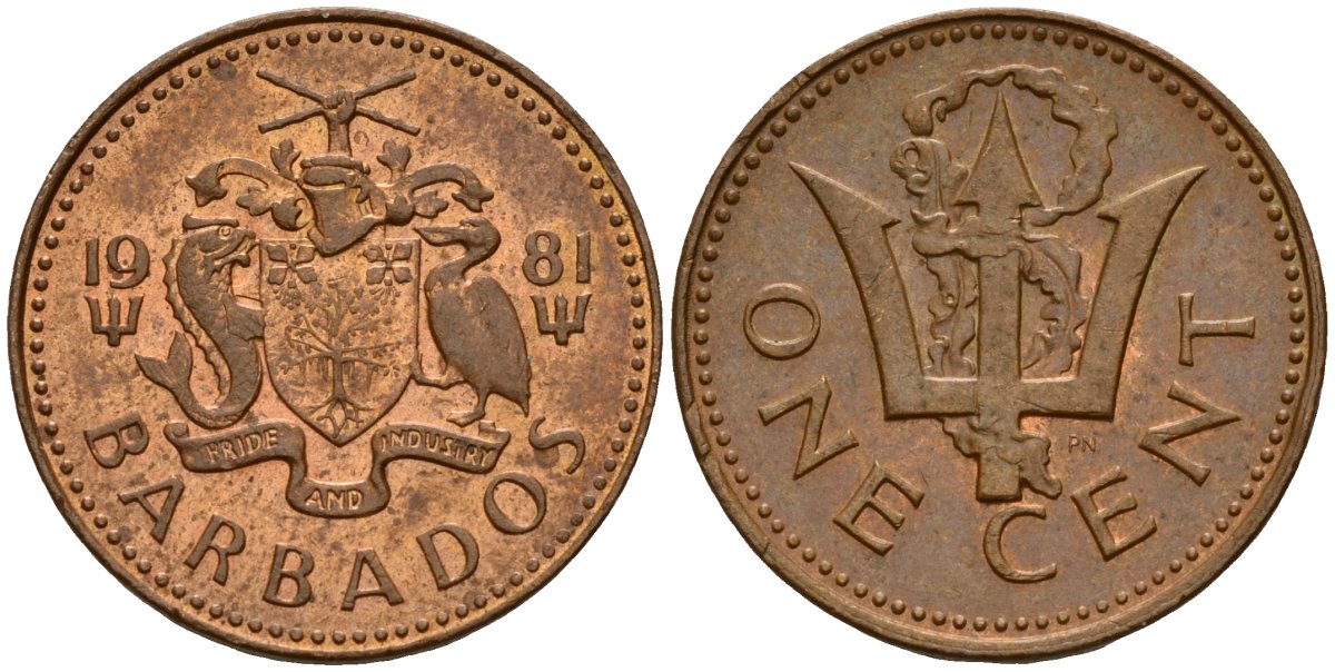 Барбадос 1 цент 1981 FM, сломанный трезубец Британии KM 10 бронза 4158-649