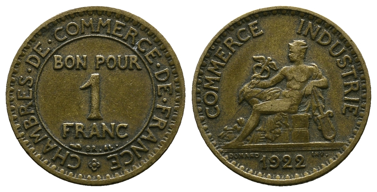 ФРАНЦИЯ 1 ФРАНК 1922 KM 876, LCHAMBRES DE COMMERCE LE FRANC 218.4 алюминиевая бронза 261-922