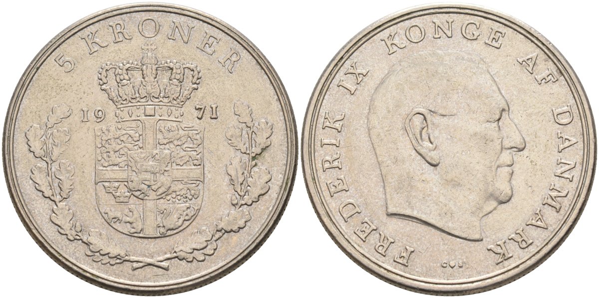 Дания 5 крон 1971 С; S; Фредерик IX (1947-1972) KM 853.1 медно-никель 189-1234