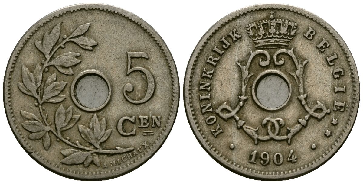 Бельгия 5 сантимов 1904 Belgie KM 55 медно-никель 4173-121