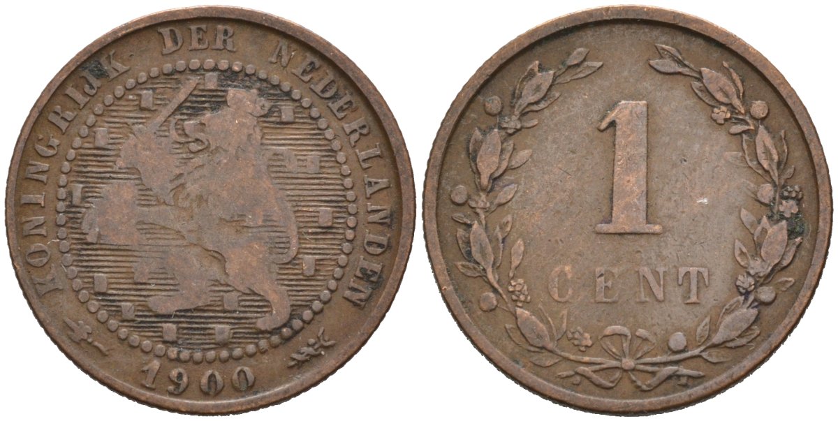 Нидерланды 1 цент 1900 Вильгельмина (1890-1948) KM 107 бронза 4576-641