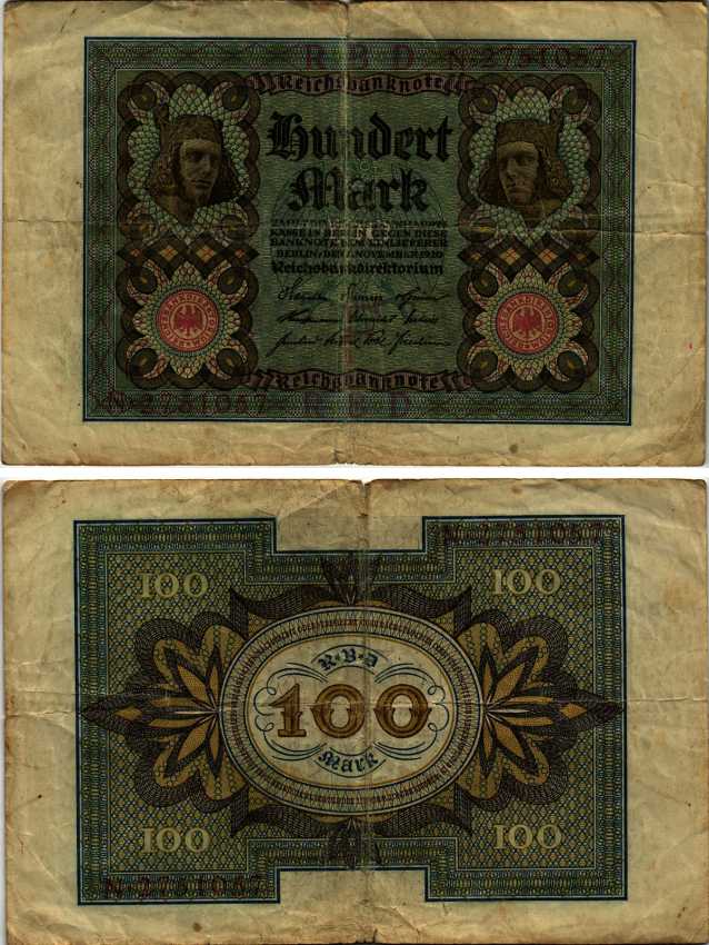 ГЕРМАНИЯ 100 МАРОК 1920 1 НОЯБРЯ 1920, СЕМЬ ЦИФР В НОМЕРЕ СЕРИИ Pick 69а бумага 7191-56-2