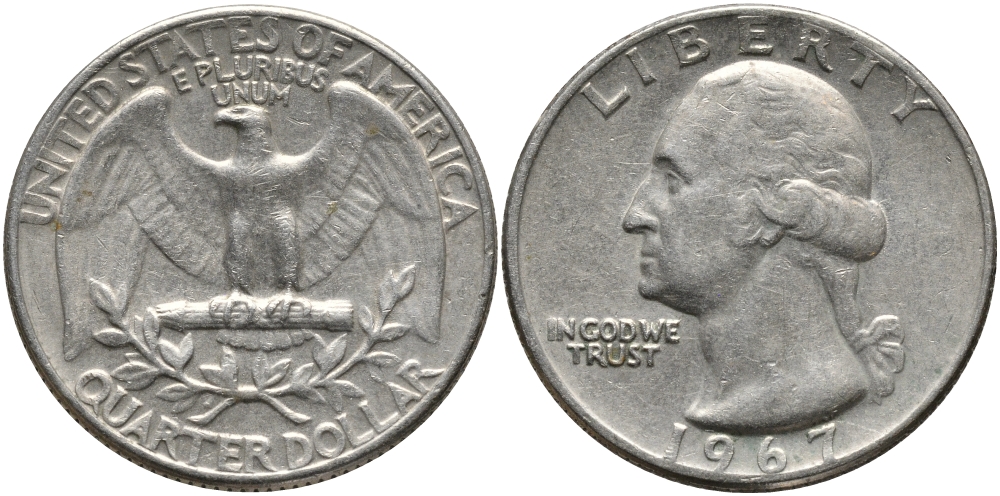США 25 центов (квотер) 1967 Вашингтон KM 164a медь плакированная медно-никелем 4390-1114