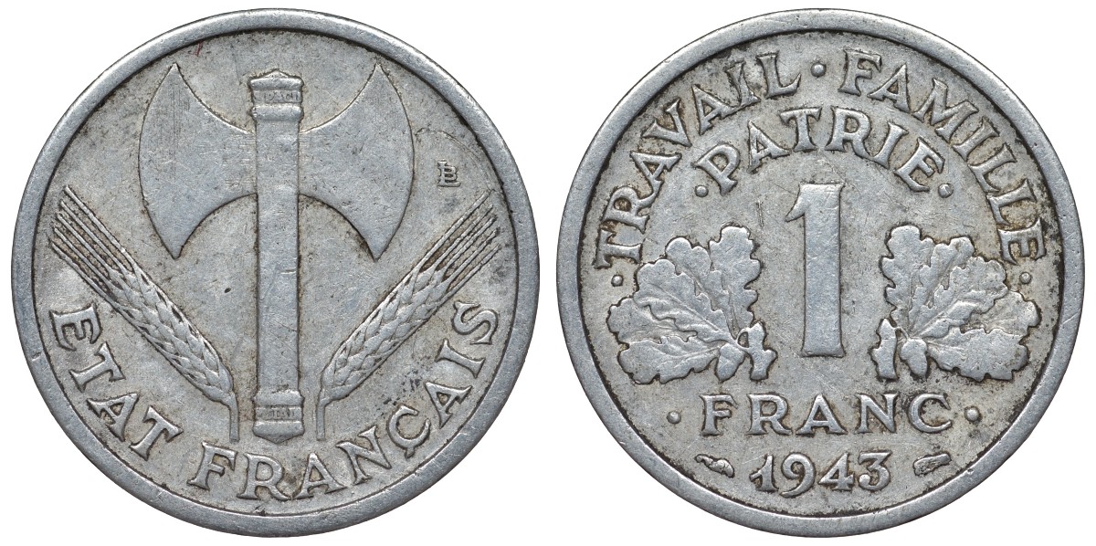 Франция 1 франк 1943 правительство Виши KM 902.1, Le Franc 223.3 алюминий 4128-347