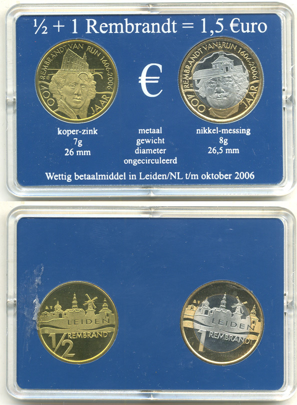 Нидерланды набор из 2 жетонов 2006 1/2 рембрандта и 1 рембрандт = 1,5 евро, 400 лет со дня рождения Рембрандта, в оригинальной пластиковой упаковке биметалл UNC 5-6-2-53
