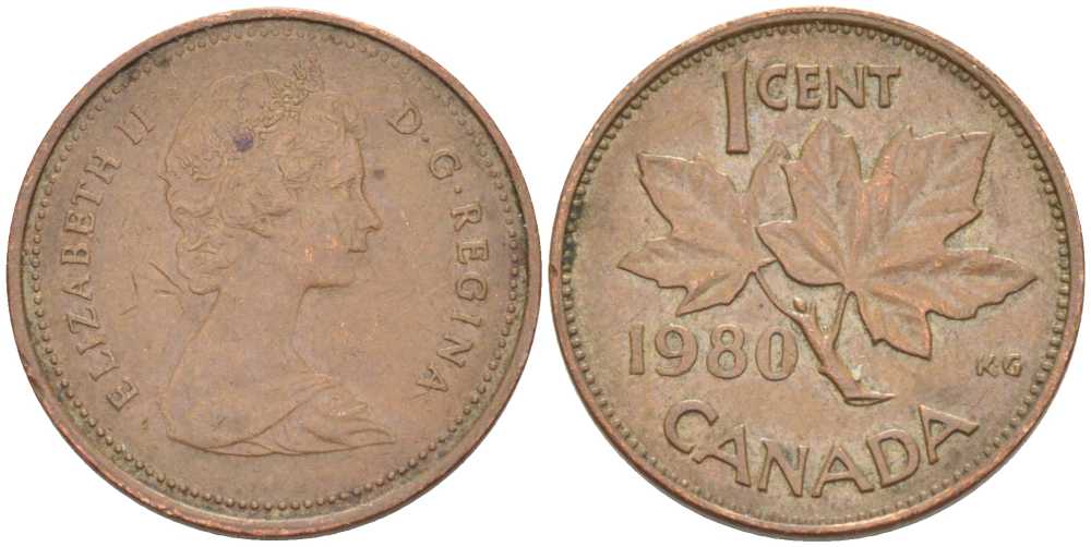 Канада 1 цент 1980 Елизавета II (1952-2022), кленовый лист KM 127 бронза 46-655