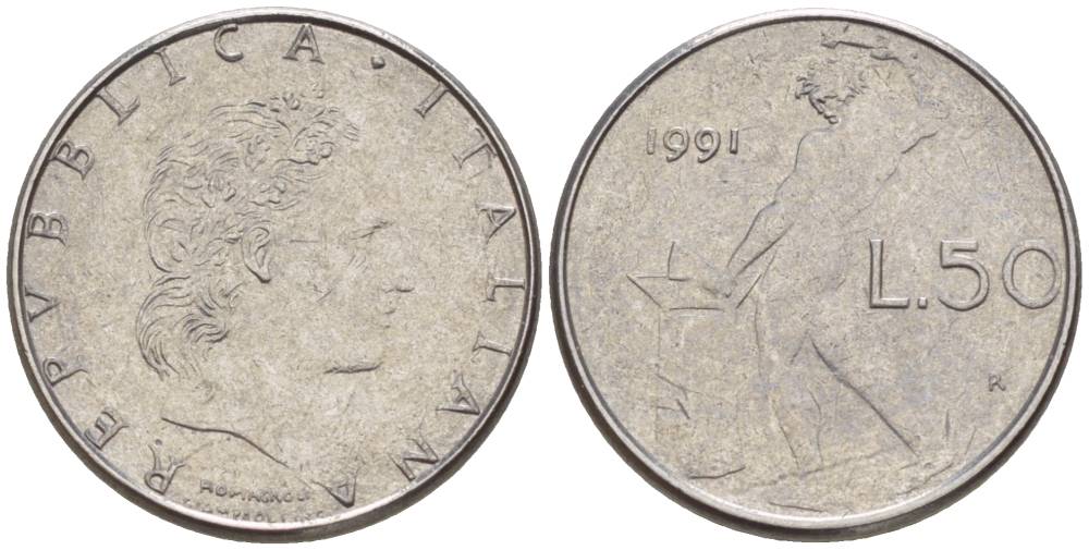 ИТАЛИЯ 50 ЛИР 1991 R, БОГ ОГНЯ ВУЛКАН У НАКОВАЛЬНИ, ДИАМЕТР 17 ММ. KM 95.2 нержавеющая сталь 4551-424