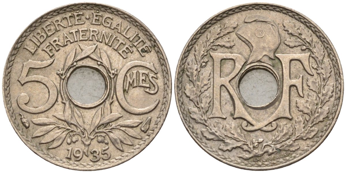 Франция 5 сантимов 1935 KM 875 медно-никель 4596-635