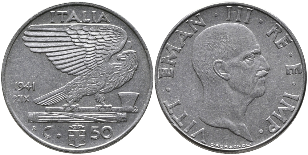ИТАЛИЯ 50 ЧЕНТЕЗИМО 1941 R, ВИКТОР ИМАНУИЛ, XIX ГОД, МАГНИТНАЯ KM 76b нержавеющая сталь 89-422