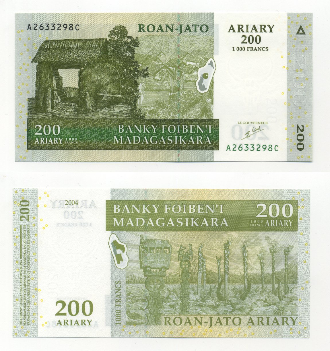 Мадагаскар 200 ариари (1000 франков) 2004 деревенские хижины, скульптуры Алоало, подпись 5 Pick 87 а бумага UNC (пресс) 6283-25-1