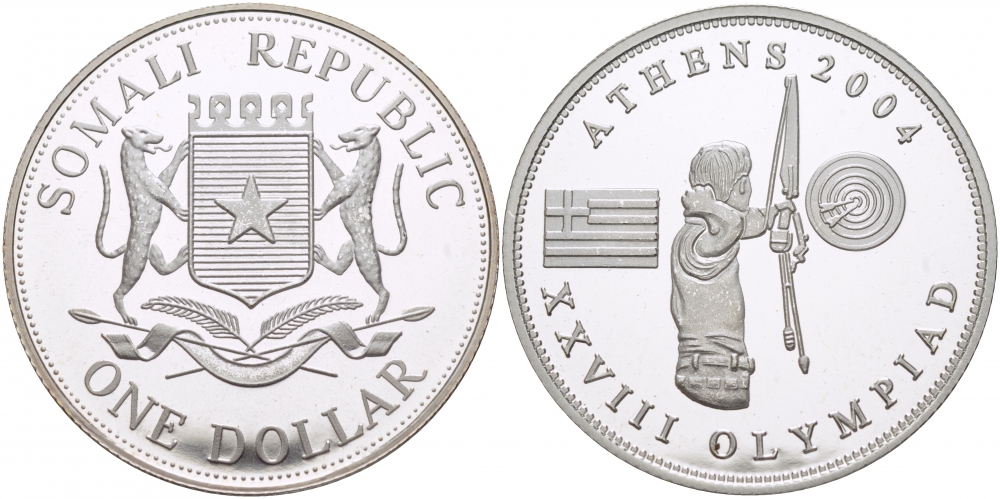 Сомали 1 доллар 2004 XXVIII летние Олимпийские Игры, Афины 2004 - Стрельба из лука серебро PROOF 1074-6-42