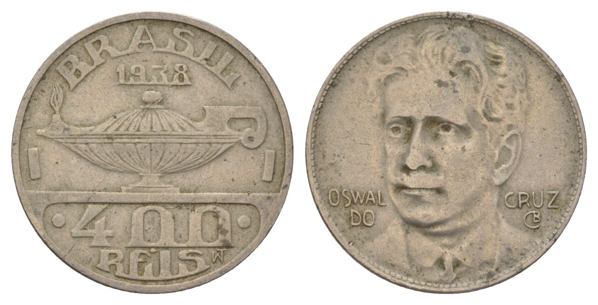 Бразилия 400 реалов 1938 Освалду Крус KM 539 медно-никель 4626-113