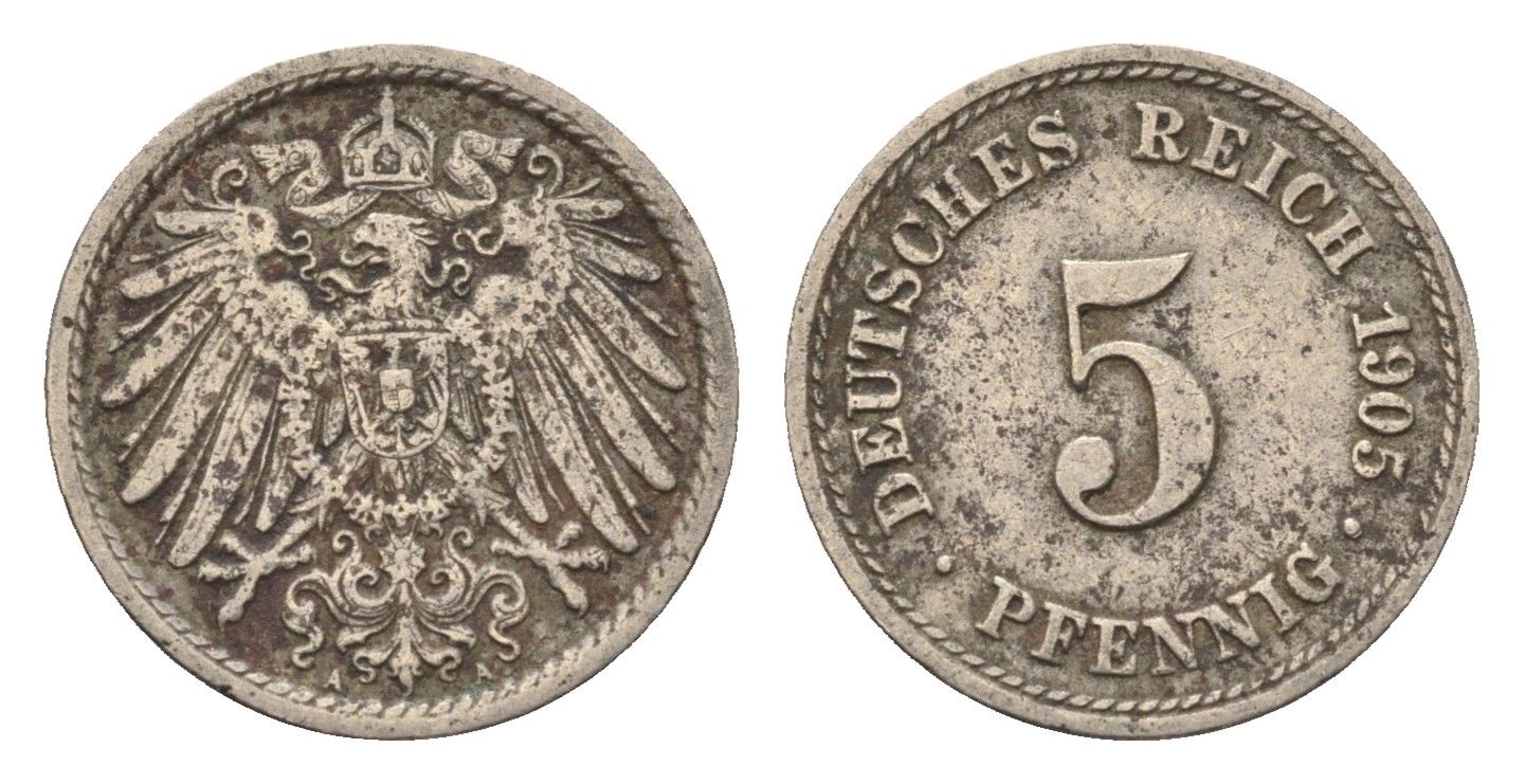 Германия 5 пфеннигов 1905 A KM 11, J. 12 медно-никель 4696-626