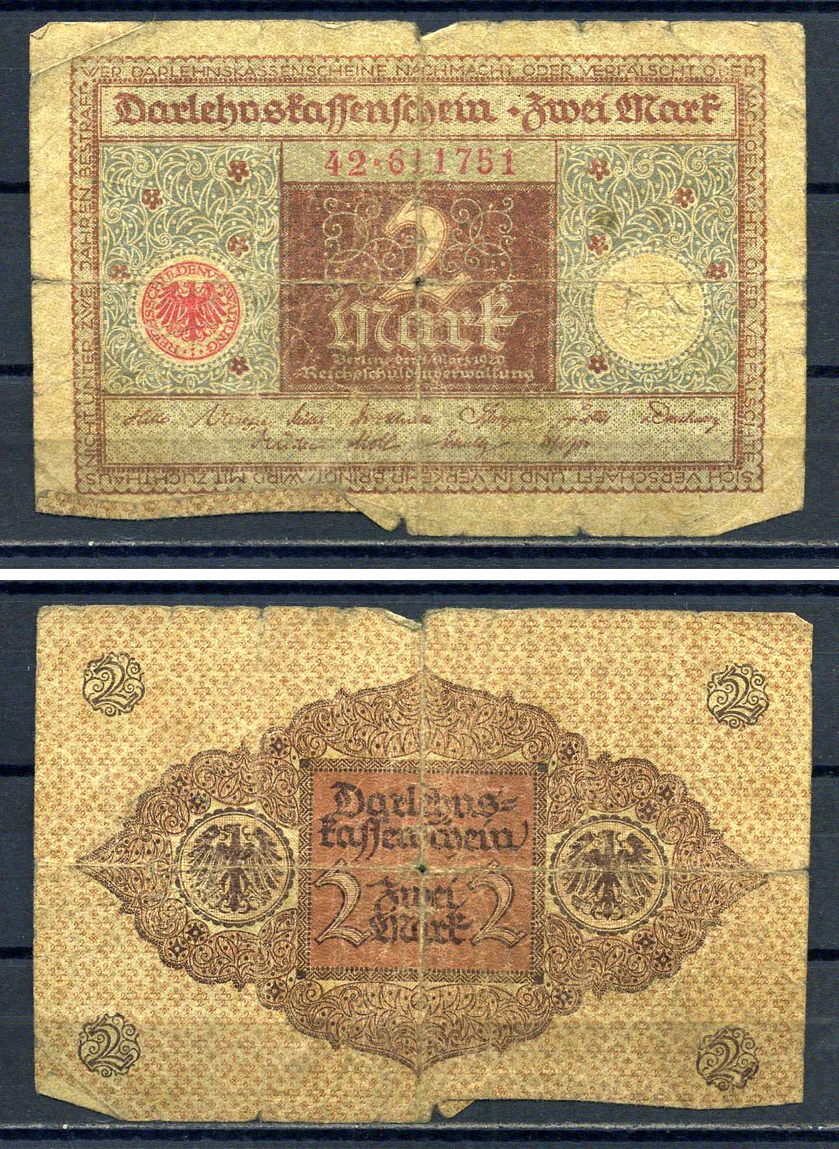 Германия 2 марки 1920 Pick 60 бумага 7552-28-2-1