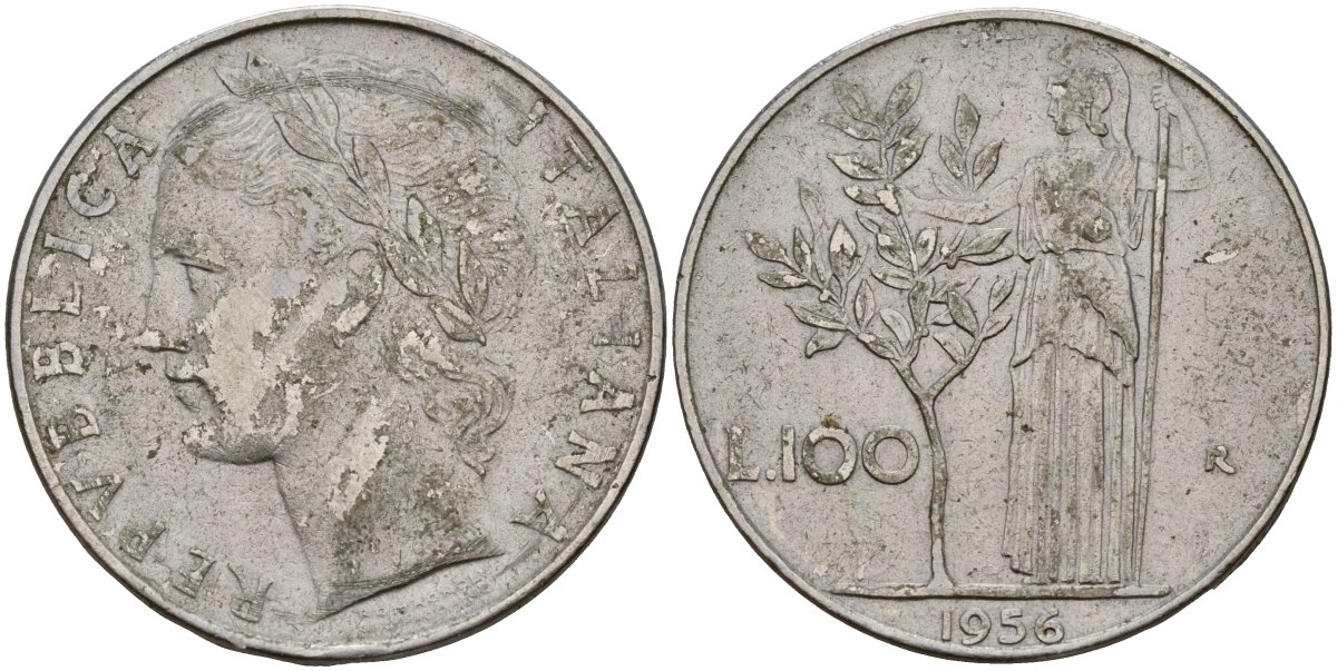 Италия 100 лир 1956 R, Афина у оливкого дерева KM 96.1 нержавеющая сталь 4149-1212