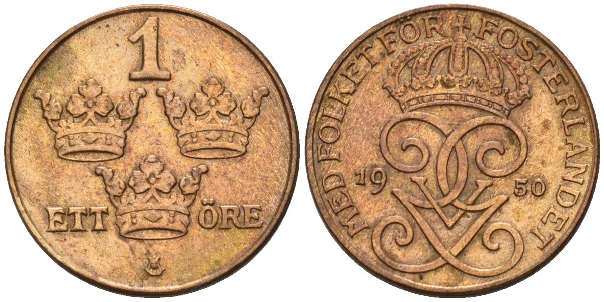 Швеция 1 эре 1950 Густав V (1907-1950) KM 777.3 бронза 4147-437