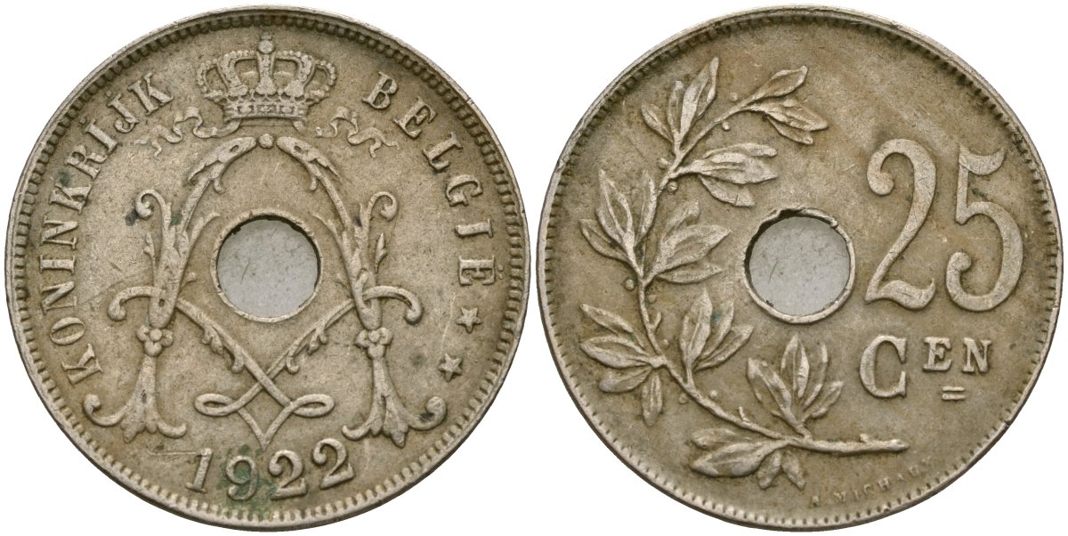 Бельгия 25 сантимов 1922 BELGI? KM 69 медно-никель 4132-233