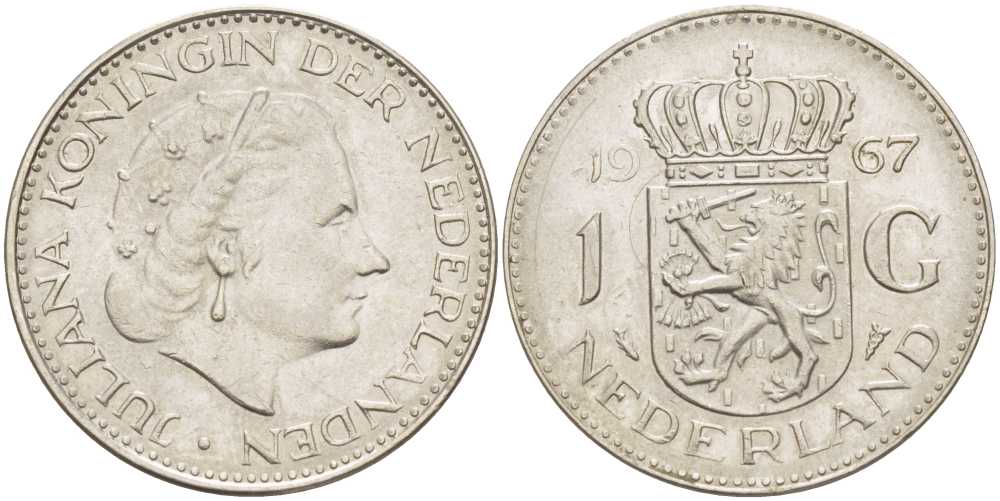 Нидерланды 1 гульден 1967 Юлиана (1948-1980) KM 184а никель 213-946