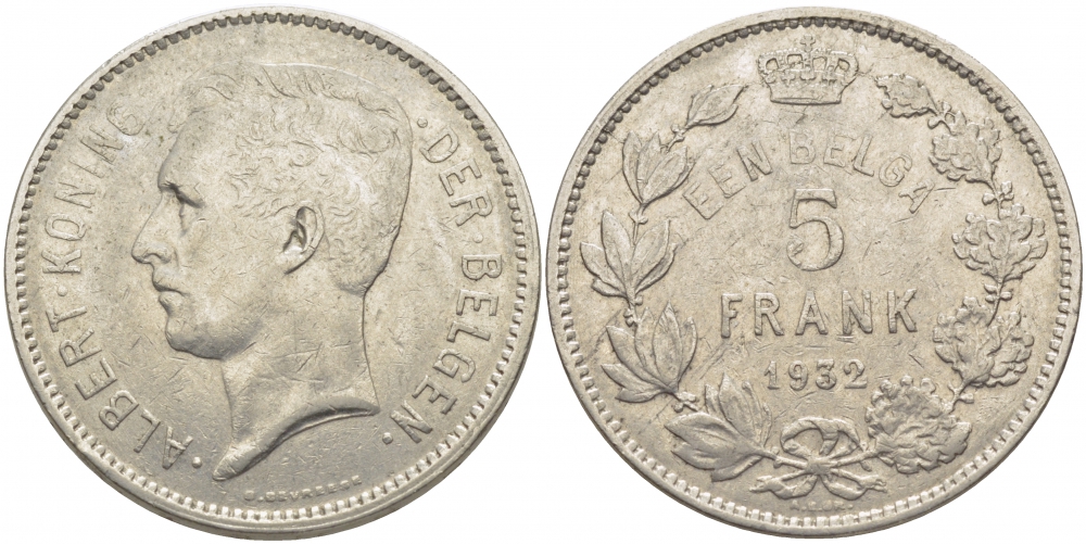 БЕЛЬГИЯ 5 ФРАНКОВ 1932 BELGEN KM 98 никель 114-822